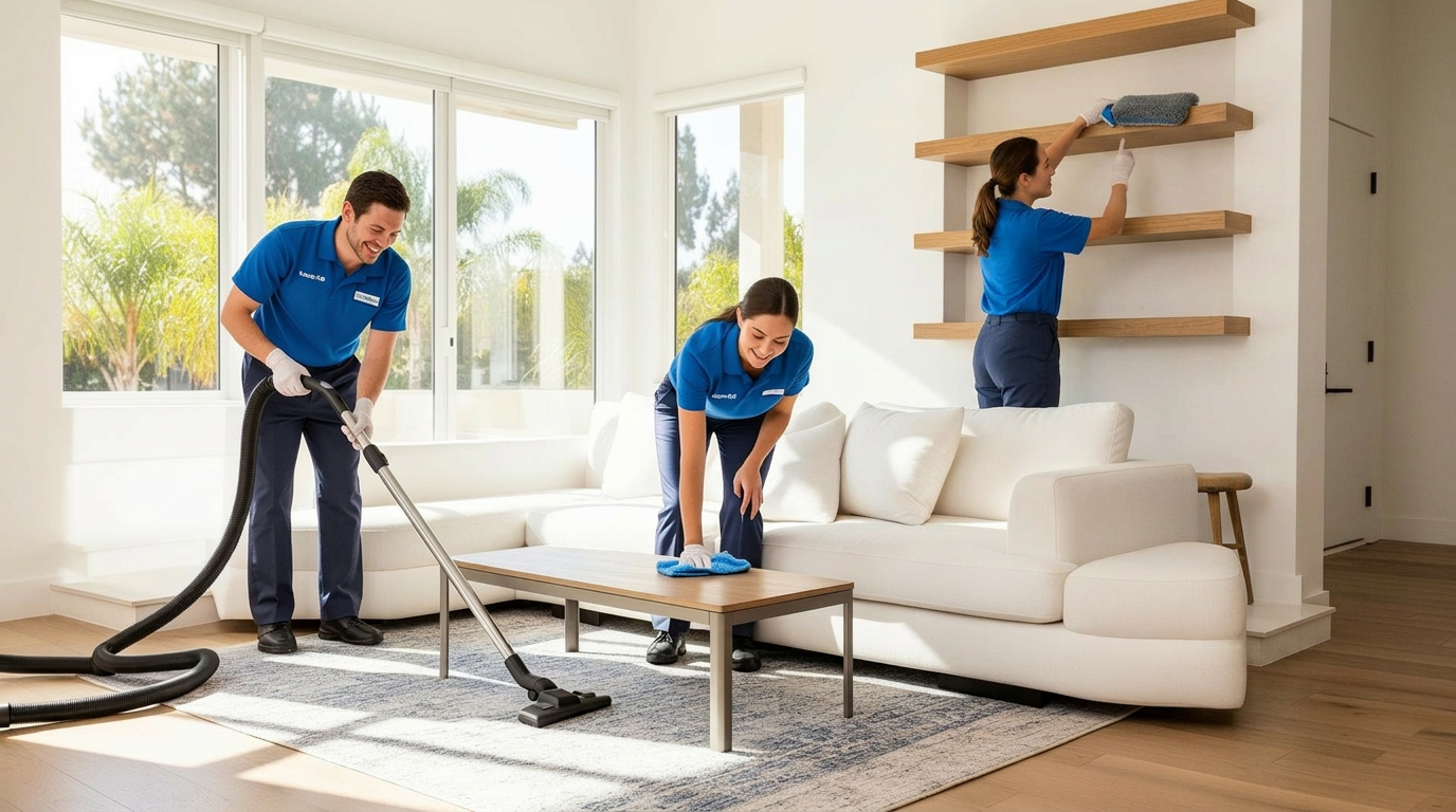 Professional cleaners working in a bright San Diego home